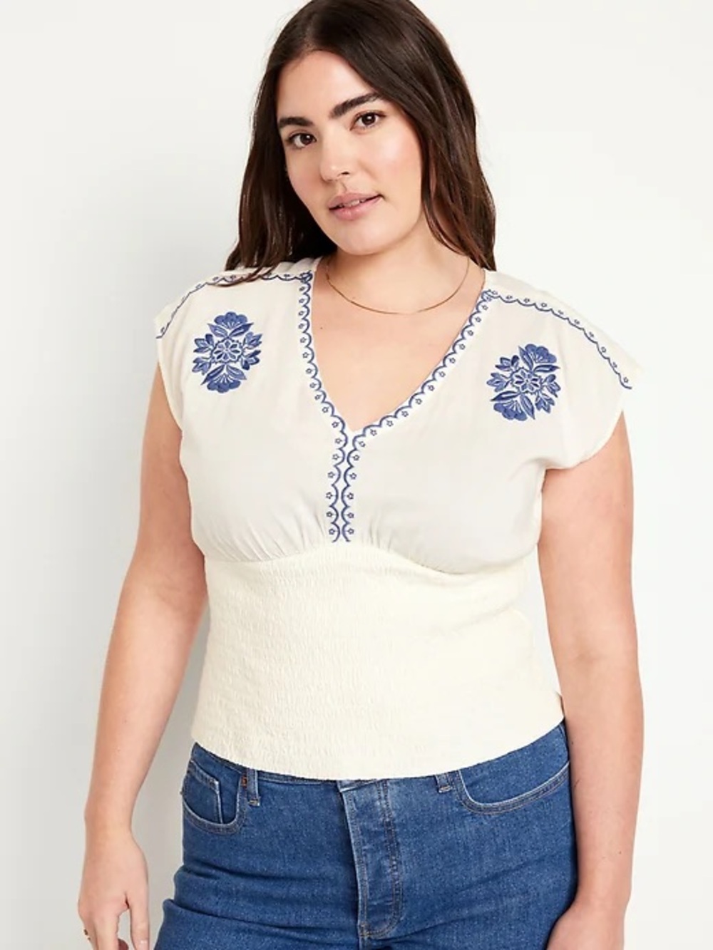 Old Navy Cream V-Neck Top with Blue Floral Embroidery